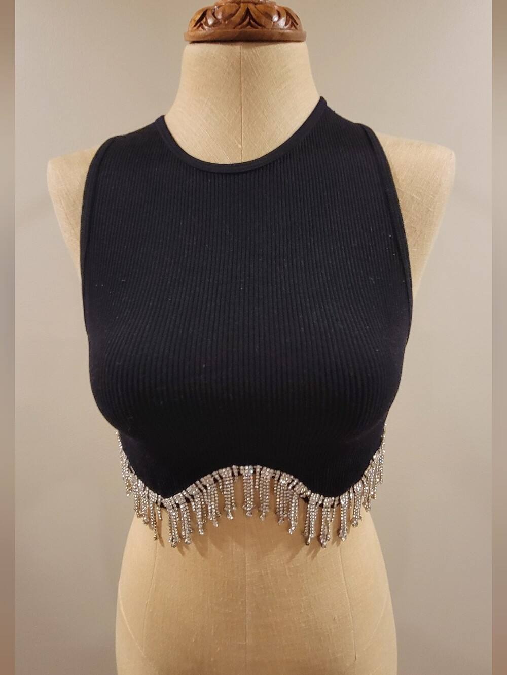 Zara Black Ribbed Crop Tank with Rhinestone Fringe